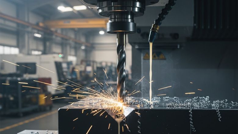 HSS drill bit drilling metal in industrial machining process