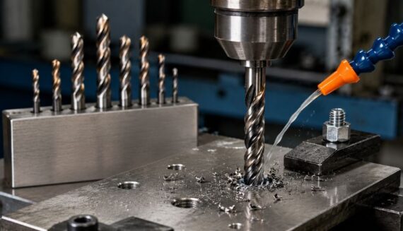 Industrial HSS drill bits drilling stainless steel on a CNC machine with coolant application and precision metalworking process