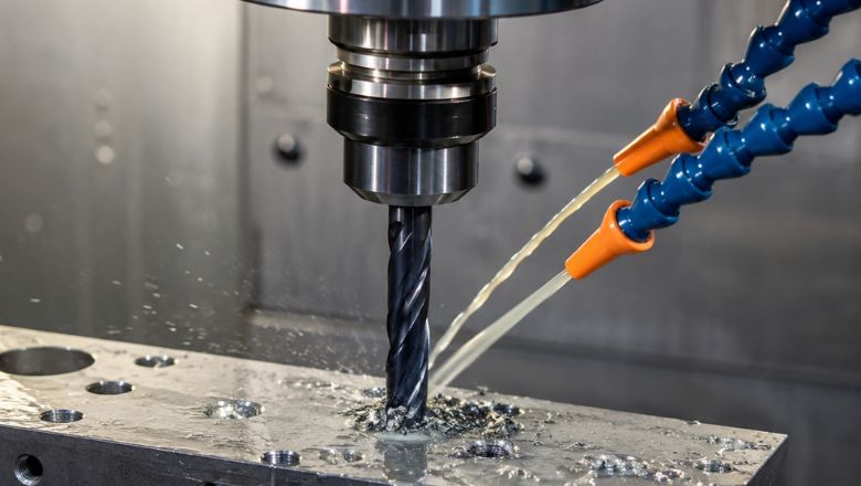 CNC Cutting Tool performing precision metal drilling operation with coolant system in industrial CNC machining process by Jay Tech Tools.