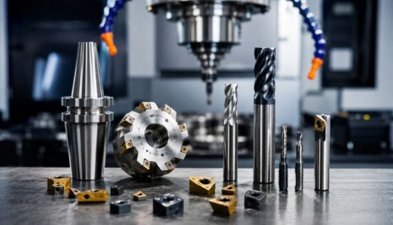 CNC operator selecting carbide CNC cutting tools for precision metal machining in a manufacturing workshop.