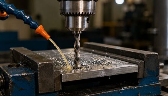 HSS drill bit drilling a metal workpiece with cutting fluid in an industrial machining process to improve tool life and drilling performance.