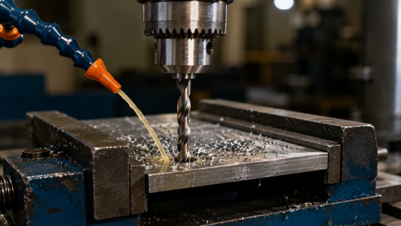 HSS drill bit drilling a metal workpiece with cutting fluid in an industrial machining process to improve tool life and drilling performance.