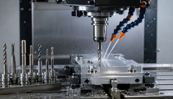 CNC VMC tooling in use during precision machining with BT tool holders, drills, and cutting tools supplied by Jay Tech Tools for industrial manufacturing.