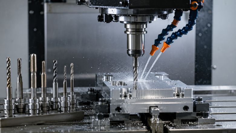 CNC VMC tooling in use during precision machining with BT tool holders, drills, and cutting tools supplied by Jay Tech Tools for industrial manufacturing.