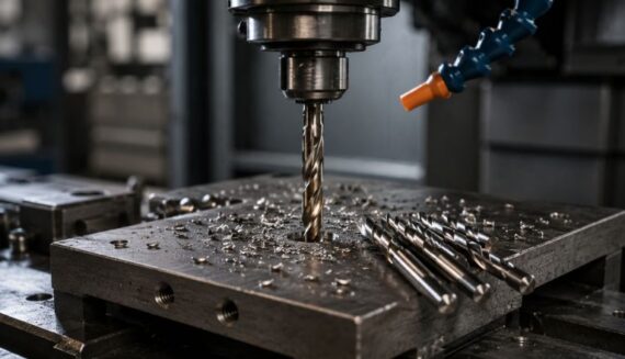 Industrial HSS drill bit performing precision metal drilling on a CNC machine, showcasing premium HSS drill bits supplied by Jay Tech Tools in Gujarat.