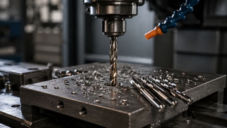 Industrial HSS drill bit performing precision metal drilling on a CNC machine, showcasing premium HSS drill bits supplied by Jay Tech Tools in Gujarat.