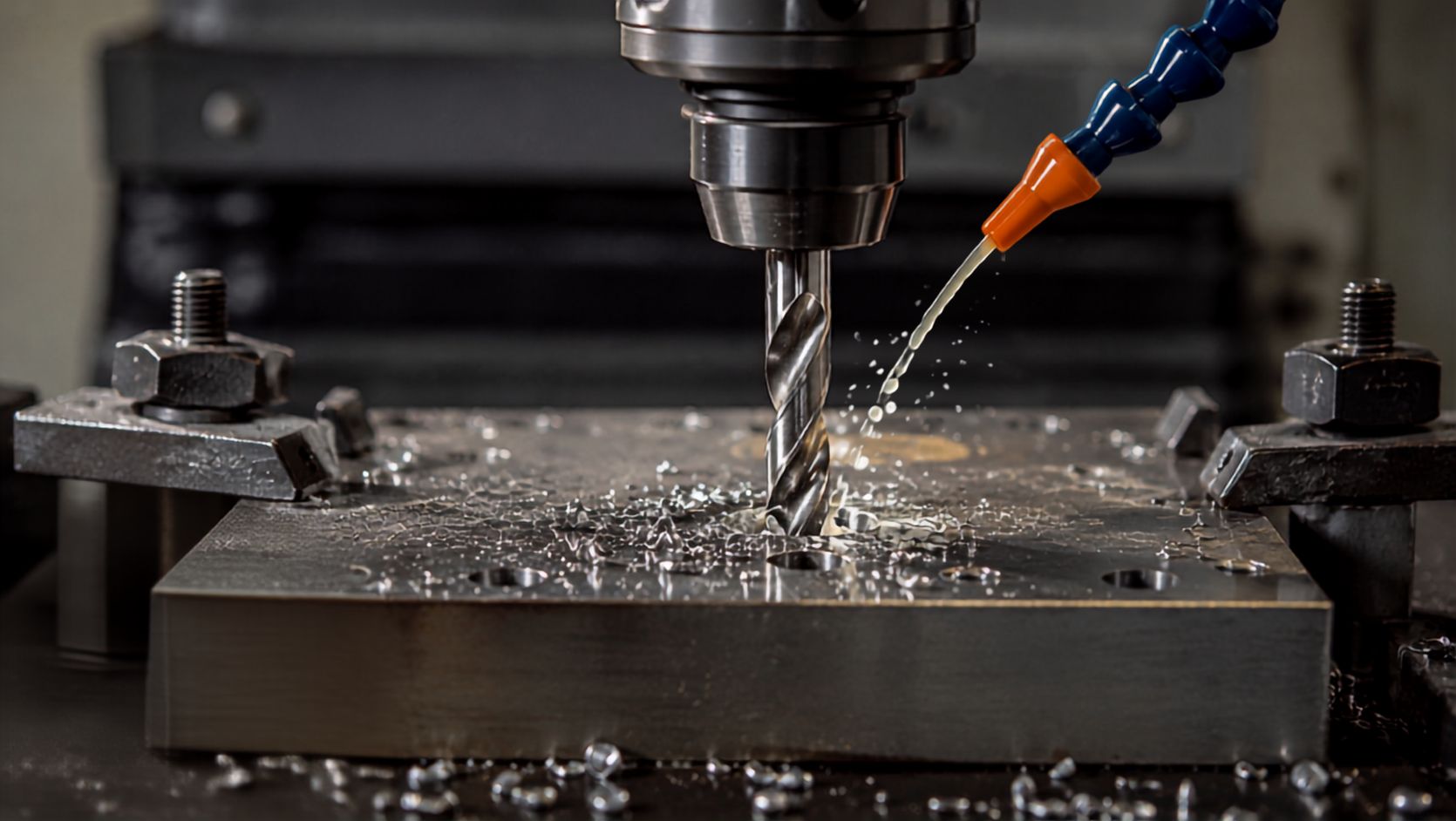 Premium HSS Drill Bit drilling a metal workpiece in an industrial CNC machining application by Jay Tech Tools, ideal for precision metal drilling and engineering industries.