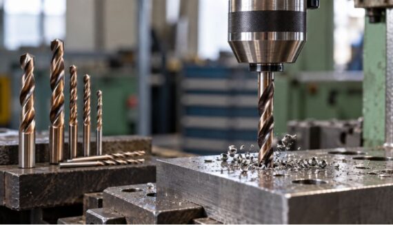 HSS drill bit being used for industrial metal drilling in a machine shop